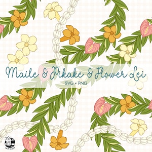 Seamless Pattern Maile & Pikake Lei | Puakenikeni Anthurium Flower Png | Curve Lei Digital Download