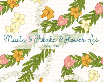 May include: A seamless pattern featuring white, yellow, and pink flowers, green leaves, and white beads. The text "Maile & Pikake & Flower Lei" is centered at the top of the pattern. The text "SVG • PNG" is centered below the title.