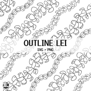 May include: Black and white outline illustration of a lei made of flowers. The image is titled "Outline Lei" and includes the text "SVG - PNG".