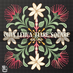 Patrón sin costuras de cuadrados de Tiare y Ohia Lehua / Flores Lei Png / Archivo de corte SVG de flores / Descarga digital Lei