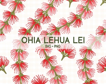 Puede incluir: Una ilustración digital de un patrón repetitivo de flores rojas Ohia Lehua Lei. El texto "OHIA LEHUA LEI" está en el centro de la imagen con el texto "SVG • PNG" debajo.