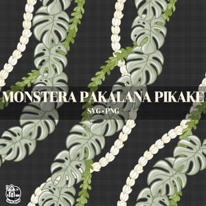 May include: Digital illustration featuring a repeating pattern of Monstera leaves, white flower strands, and green foliage against a dark gray plaid background. The text "MONSTERA PAKALANA PIKAKE" is displayed in white, along with "SVG PNG".