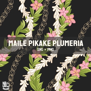 Seamless Pattern Maile Pikake Plumeria Lei | Outline Curve Lei Flower Png | Leaf Lei Digital Download