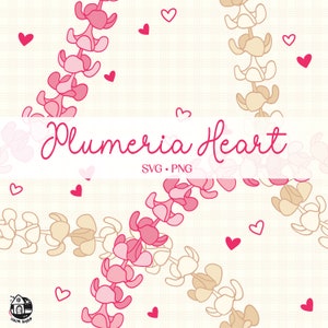 May include: A digital illustration of a pink and beige floral heart design with the text "Plumeria Heart" and "SVG. PNG".