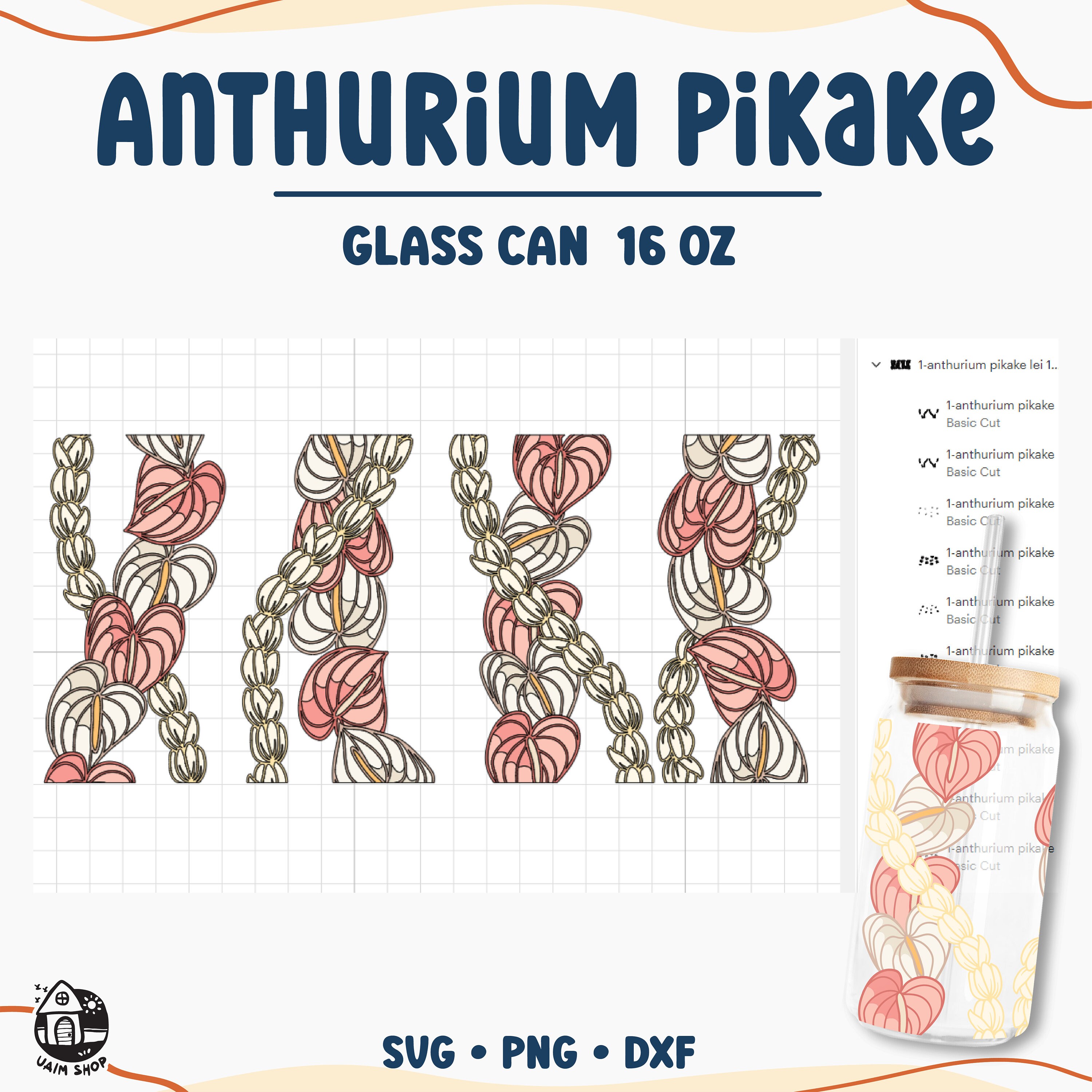 Glass Can 16 Oz Anthurium and Pikake Lei Flowers | Svg Cut File ...