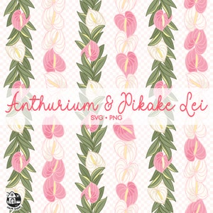 Puede incluir: Una ilustración digital de un patrón repetitivo de flores de anturio rosas y flores de pikake blancas, con hojas verdes, formando un lei. El texto "Anthurium & Pikake Lei" está en el centro de la imagen, con "SVG - PNG" debajo.
