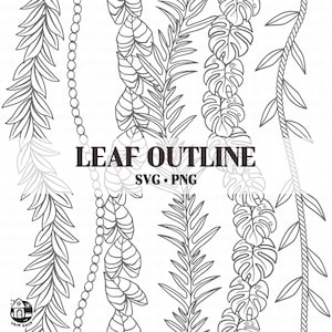 May include: Black and white line art illustrations of different types of leaves. The text "LEAF OUTLINE" and "SVG. PNG" is included in the image.
