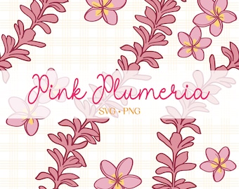 May include: Pink plumeria flowers and pink leafy branches on a white and yellow checkered background. The text "Pink Plumeria SVG. PNG" is in the center of the image.