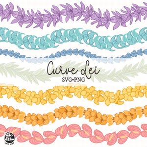 May include: A digital illustration featuring a variety of colorful lei designs. The leis are in shades of purple, teal, blue, green, yellow, orange, and pink. The text "Curve Lei SVG.PNG" is in the center of the image.