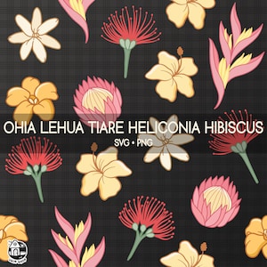 Patrón sin costuras Ohia lehua Tiare Heliconia y flor de hibisco / Floral para Lei Png / Lei Descarga digital