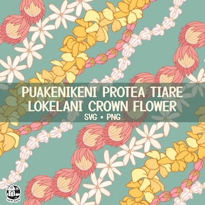 Seamless Pattern Puakenikeni Potea Tiare Lokelani And Crown Flower Lei | Curve Lei Flower Png | Lei Digital Download