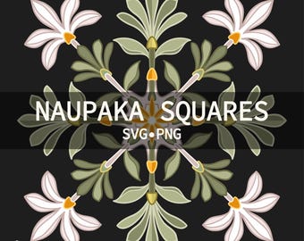 May include: A symmetrical design featuring six white flowers with yellow centers and green leaves. The design is in the shape of a snowflake and has the text "NAUPAKA SQUARES SVG.PNG" in the center.