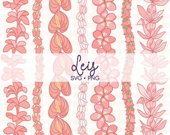May include: Digital illustration of various pink leis, including anthurium, plumeria, and other floral designs. The word "Leis" is written in a cursive font, along with "SVG • PNG". The background is a light beige plaid pattern.