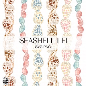 May include: A digital illustration featuring vertical strands of seashells in various colors, including brown, pink, blue, and cream, against a white background. The text "SEASHELL LEI" is displayed in black, with "SVG.PNG" below it. The design is suitable for digital art projects.
