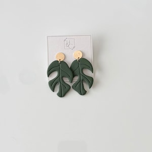 Monstera leaf earrings, handmade polymer clay earrings, hunter green and mint earrings, statement leaf earrings, tropical jewelry