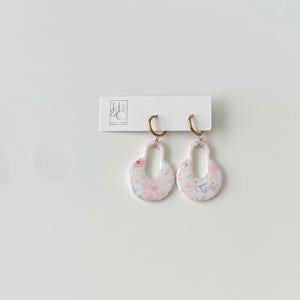 floral transfer earrings, handmade statement earrings, colorful floral jewelry, geometric earrings, polymer clay earrings
