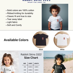 May include: Infant shirt size chart with measurements for chest and length in inches. The chart shows sizes 6M, 12M, 18M, and 24M. The chart is titled 'Rabbit Skins 3322 Size Chart'.  The chart is displayed on a white background with a photo of a baby wearing a white shirt on the left and a baby wearing a black shirt on the right.
