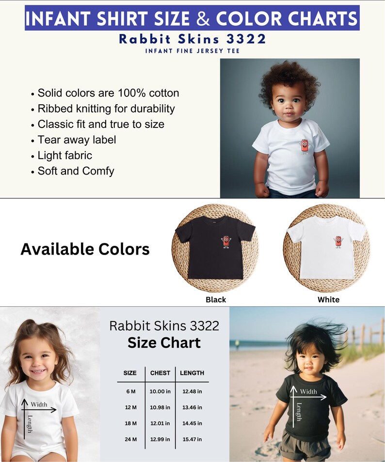 May include: Infant shirt size chart with measurements for chest and length in inches. The chart shows sizes 6M, 12M, 18M, and 24M. The chart is titled 'Rabbit Skins 3322 Size Chart'.  The chart is displayed on a white background with a photo of a baby wearing a white shirt on the left and a baby wearing a black shirt on the right.