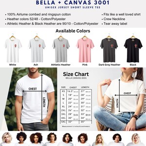 May include: Unisex Bella + Canvas 3001 short sleeve t-shirt size chart with measurements in inches and centimeters. The chart shows chest and length measurements for sizes XS, S, M, L, XL, 2XL, 3XL, 4XL, and 5XL. The chart also shows the available colors for the t-shirt: white, ash, athletic heather, pink, dark grey heather, and black. The t-shirt is made of 100% airlume combed and ringspun cotton. Heather colors are 52/48 cotton/polyester. Athletic heather and black heather are 90/10 cotton/polyester. The t-shirt has a crew neckline and a tear away label. It fits like a well-loved shirt.