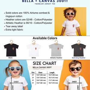 May include: A size chart for toddler t-shirts. The chart shows the chest and length measurements for sizes 2T, 3T, 4T, and 5T. The text on the chart reads 'Bella Canvas 3001T Toddler T-Shirt'.