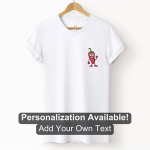 Cartoon Red Jalapeno Pepper Character Pocket Design Shirt, Custom Shirt, Pepper Shirt, Jalapeno Pepper Design, Cartoon Food Design, Foodie