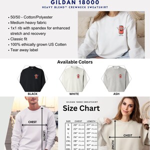 May include: A size chart for a Gildan 18000 sweatshirt. The chart shows the chest and length measurements for sizes S through 5XL. The chart is in inches and centimeters. The chart is labeled 'Gildan 18000 Sweatshirt Size Chart'. The chart is surrounded by images of the sweatshirt in black, white, and ash colors.