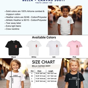 May include: Youth size and color charts for Bella + Canvas 3001Y youth jersey tee. The chart shows four color options: black, white, ash, and pink. The size chart shows sizes S, M, L, and XL with corresponding chest and length measurements in inches and centimeters.