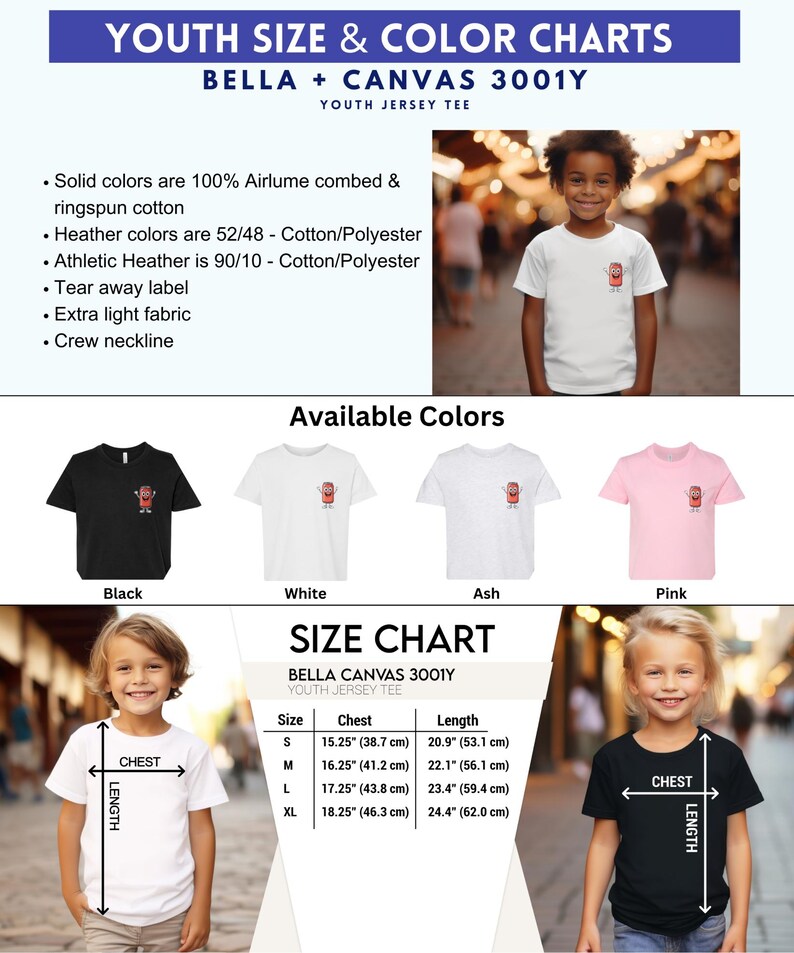 May include: Youth size and color charts for Bella + Canvas 3001Y youth jersey tee. The chart shows four color options: black, white, ash, and pink. The size chart shows sizes S, M, L, and XL with corresponding chest and length measurements in inches and centimeters.