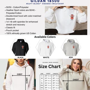May include: A size chart for a Gildan 18500 hooded sweatshirt. The chart shows the chest and length measurements for sizes S through 5XL in inches and centimeters. The chart is labeled 'Gildan 18500 Hoodie Size Chart'. The chart is displayed on a white background. The chart is surrounded by images of the sweatshirt in black, white, and ash colors.