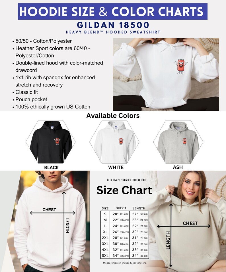 May include: A size chart for a Gildan 18500 hooded sweatshirt. The chart shows the chest and length measurements for sizes S through 5XL in inches and centimeters. The chart is labeled 'Gildan 18500 Hoodie Size Chart'. The chart is displayed on a white background. The chart is surrounded by images of the sweatshirt in black, white, and ash colors.