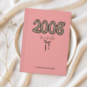 Pode incluir: Um diário rosa com o ano "2008" em uma fonte com estampa de leopardo. O nome "Michelle" está escrito abaixo do ano, com um gráfico de laço. As palavras "CHAPTER EIGHTEEN" estão na parte inferior do diário.