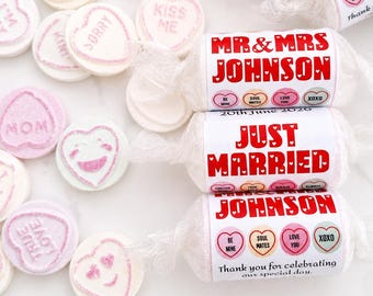 Wedding Love Heart Sweets Personalised | Custom Wedding Favours | Just Married Candy Rolls | Guest Table Favours | Edible Wedding Gift