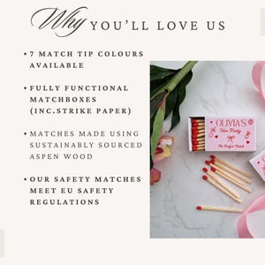 Op de afbeelding: Een rechthoekig luciferdoosje met een roze etiket met de tekst Olivia's Hen Party en The Perfect Match, naast illustraties van een fles, ring en strik. Het doosje bevat lucifers met rode koppen, met verschillende losse lucifers ernaast.