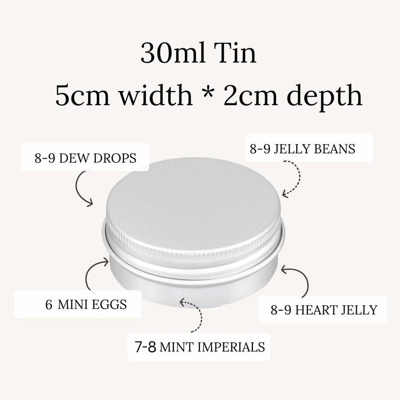 May include: A silver-colored 30ml tin with a 5cm width and 2cm depth. The image shows the tin's capacity for various candies, including 8-9 Dew Drops, 6 Mini Eggs, 8-9 Jelly Beans, 8-9 Heart Jelly, and 7-8 Mint Imperials.