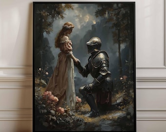May include: A framed wall art print depicting a knight in dark metal armor kneeling before a woman in a long, light-colored dress. The scene is set in a forest with pink flowers, dark trees, and a cloudy sky, capturing a moment of connection.