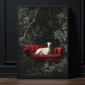 Goat on Red Velvet Sofa Art Print: Whimsical Gothic Animal