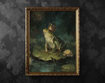 Frog Prince with Crown Wall Art Print or Canvas: Dark Academia Fantasy Style, Frame Options