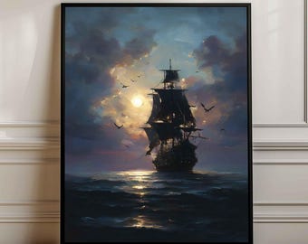 May include: A framed wall art print depicting a dark sailing ship silhouetted against a bright moonlit sky. The scene features deep blue and purple clouds, a calm ocean surface reflecting the moonlight, and several birds in flight.