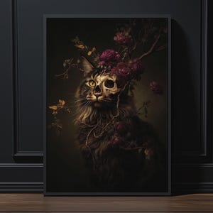 Gothic Floral Skull Cat Portrait Wall Art Print or Canvas: Dark Romantic, Frame Options