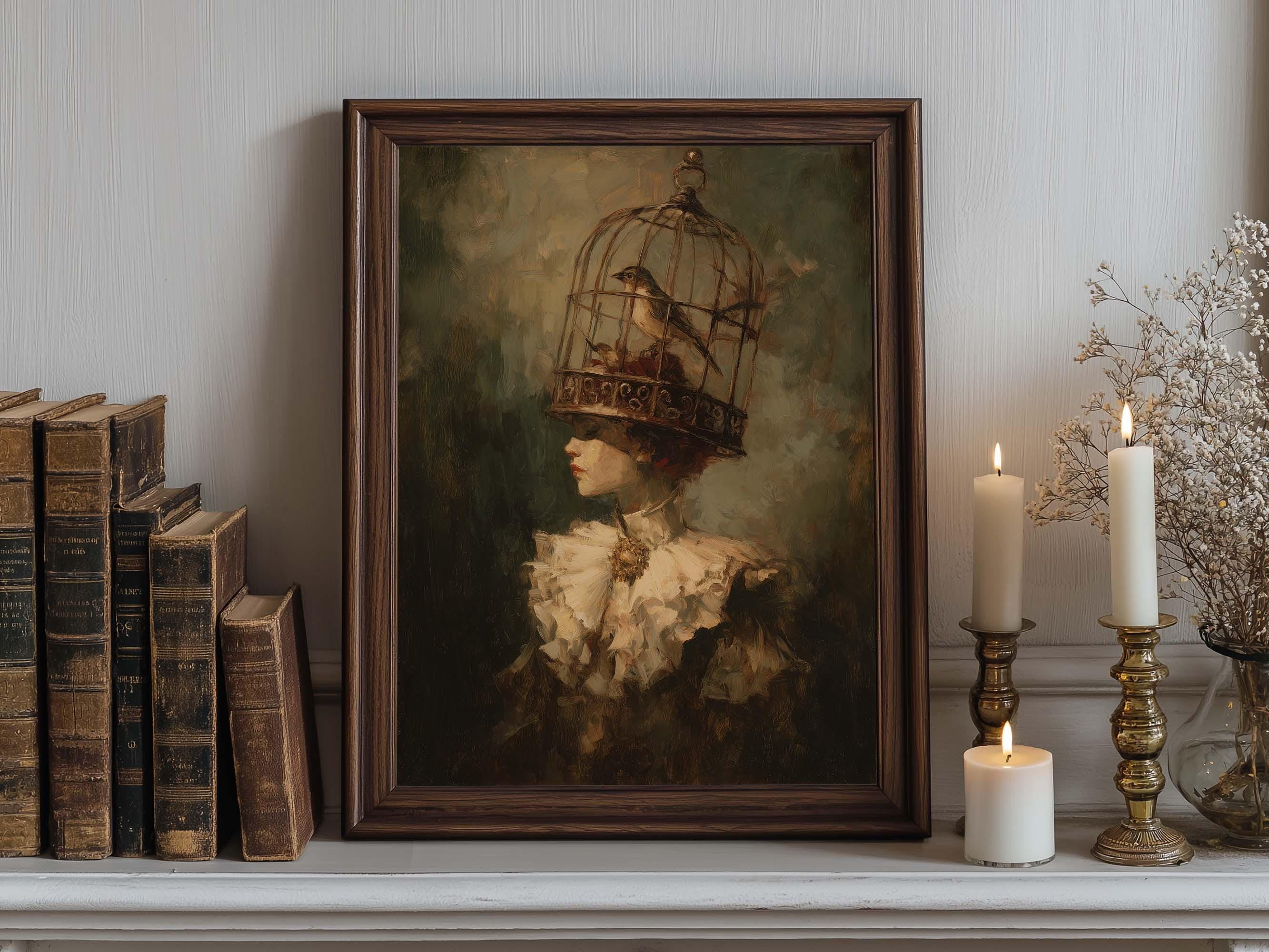 Gothic Birdcage Head Portrait: Dark Romantic Woman Art Print or