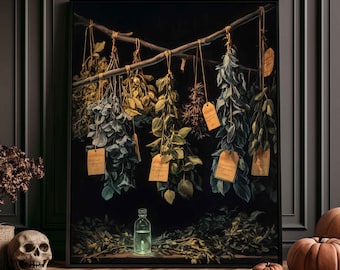 May include: A framed wall art print depicting several bundles of dried herbs hanging from wooden branches against a dark background. Each herb bundle features a small, light brown rectangular paper tag attached with string. A small glass bottle sits below.