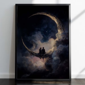 Lovers of the Moon Wall Art Print or Canvas: Celestial Romantic Painting