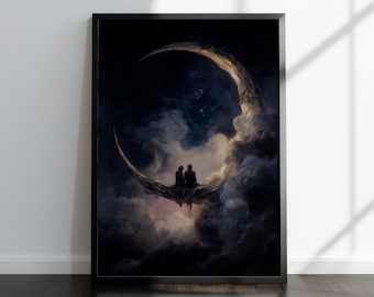 Lovers of the Moon Wall Art Print or Canvas: Celestial Romantic Painting