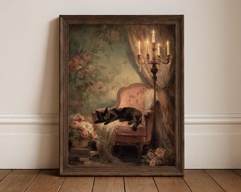 Black Cat Art Print: Pink Chaise Lounge, Dark Academia Style