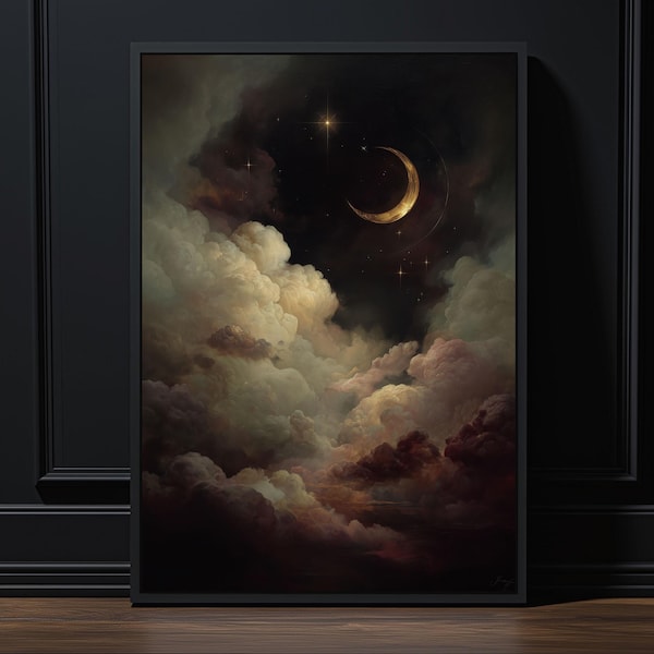 Wassende maan in wolken muurkunstdruk of canvas: hemels gotisch kunstwerk