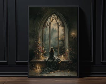 Woman at Gothic Window Poster: Romantic Melancholia Print
