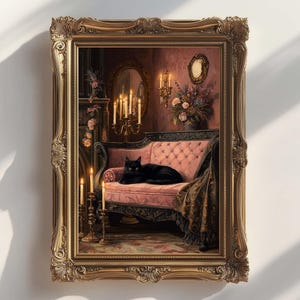 Black Cat on Sofa Wall Art Print or Canvas: Whimsical Gothic Interior