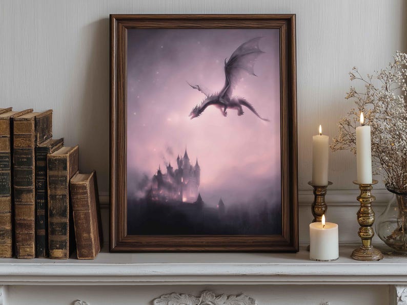Dragon Flying Over Gothic Castle Wall Art Print or Canvas: Fantasy ...