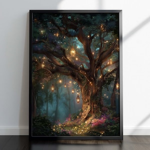 Lantern Tree in Enchanted Forest Wall Art Print or Canvas: Mystical Fantasy, Frame Options