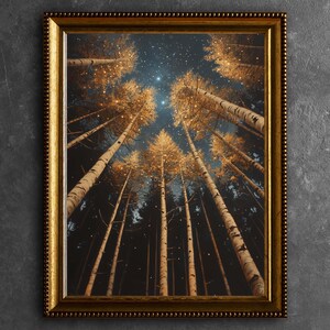 Goldener Himmlischer Wald Poster, Birkenbaum Nachthimmel Wandkunst, Sternenhimmel Poster, Verträumtes Walddekor